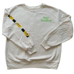 Freeze women’s white “stay smiling” crewneck sweatshirt with graphic on sleeve s